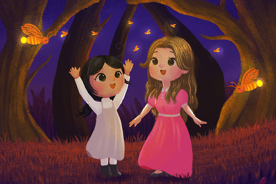 Dos niñas jugando en un bosque por la noche.