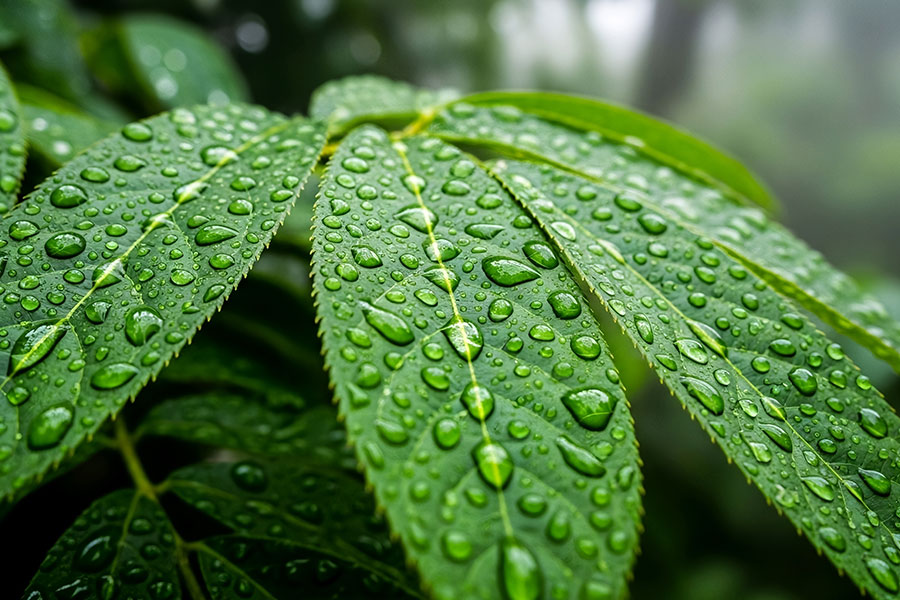 Hojas de un verde vibrante cubiertas de gotas de agua.