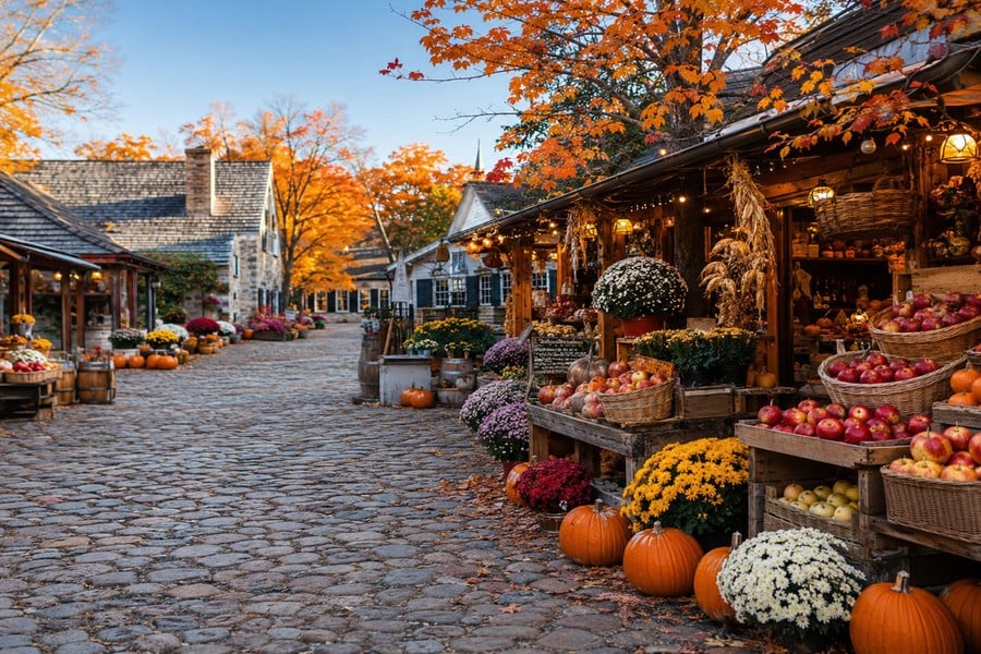 Mercado de la cosecha en las calles empedradas de otoño