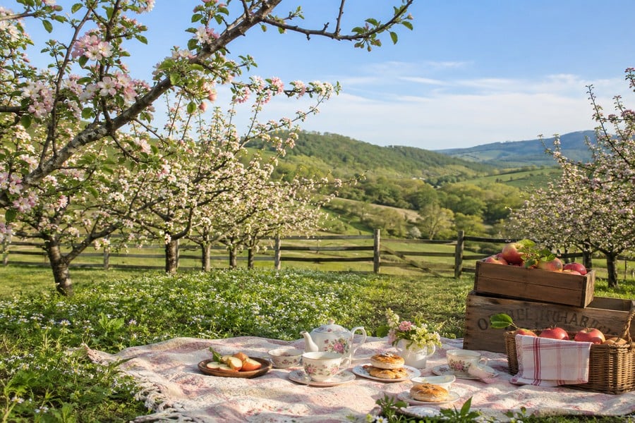 Picnic en un huerto de manzanos en plena floración primaveral.