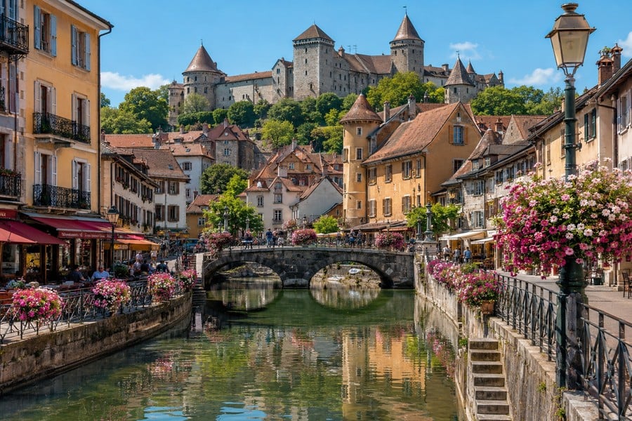 Annecy, ciudad portuaria con un castillo en la colina.