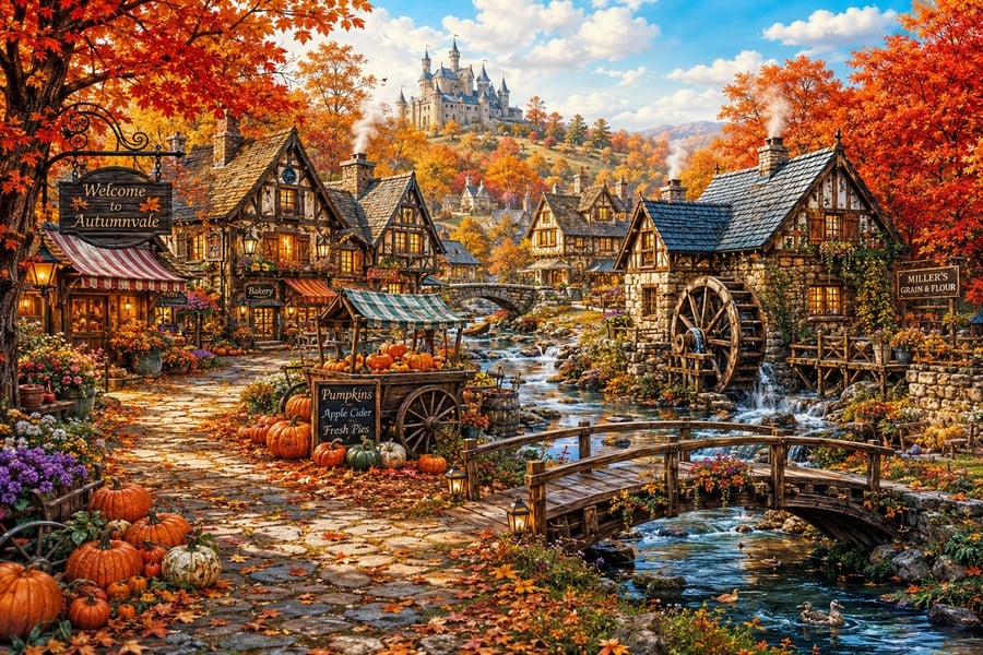 Autumn village with watermill and pumpkins