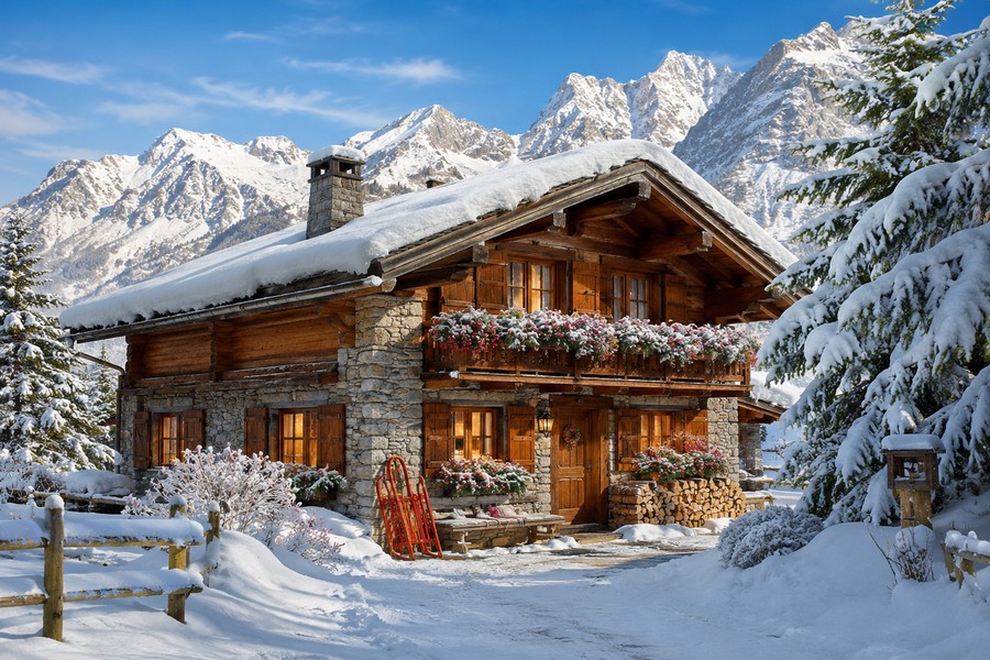 Acogedor chalet alpino en la nieve invernal.