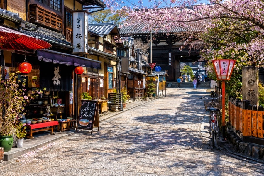 Calle de Kioto con cerezos en flor