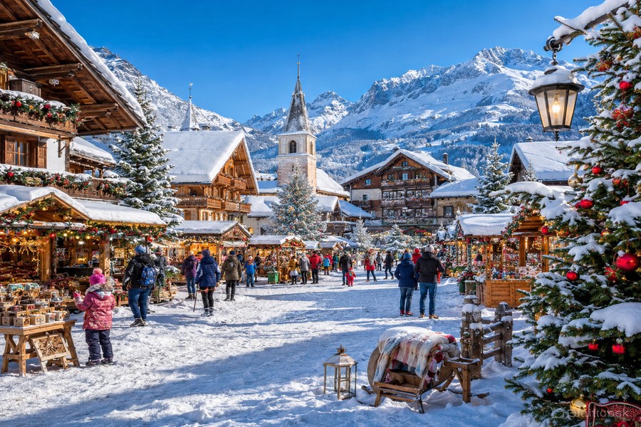 Mercado navideño alpino nevado