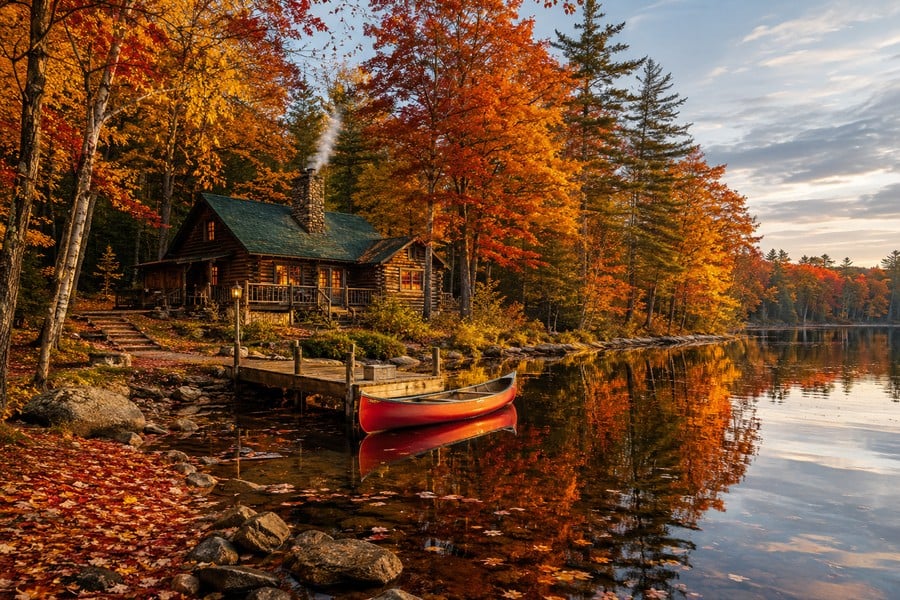 Cabaña de madera otoñal junto al lago con canoa roja