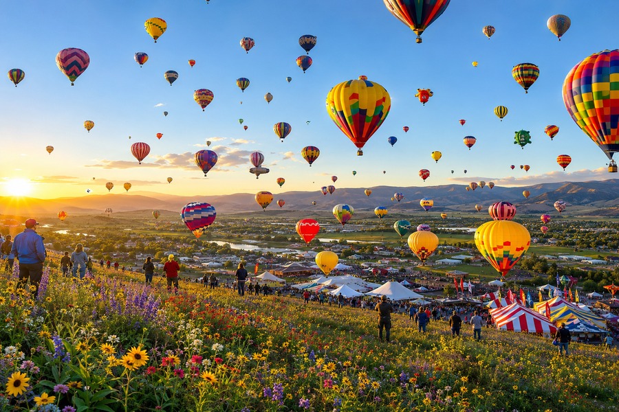 Festival de globos aerostáticos al atardecer