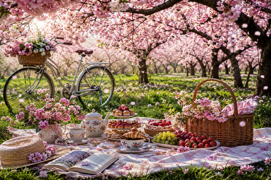 Picnic en flor de cerezos con bicicleta