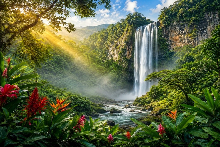 Cascada en la jungla con plantas tropicales