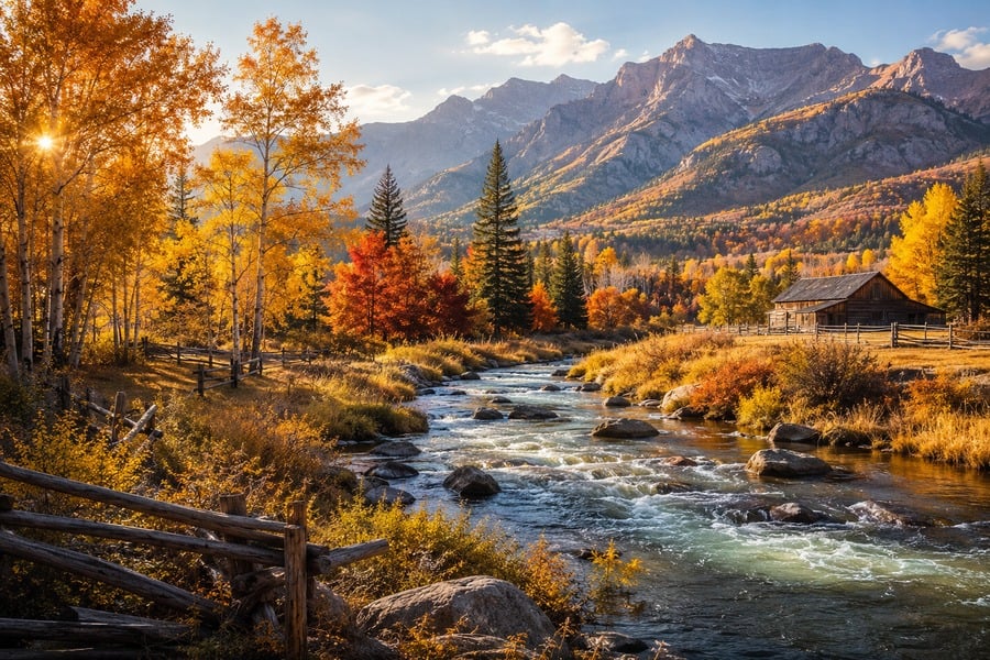 Río de montaña otoñal con cabaña
