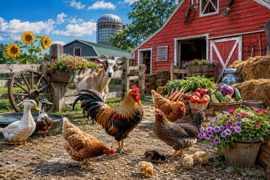Corral de granja con gallinas y cabras.