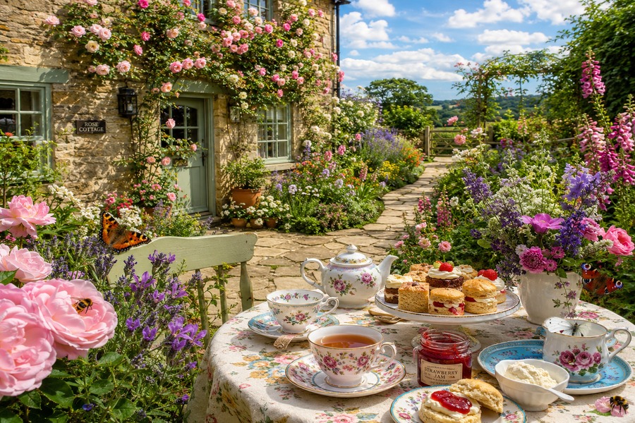 Cabaña de rosas inglesas con té de la tarde