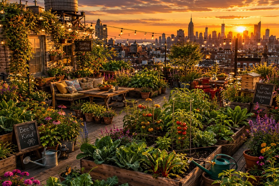 Jardín en la azotea al atardecer con el horizonte de la ciudad.