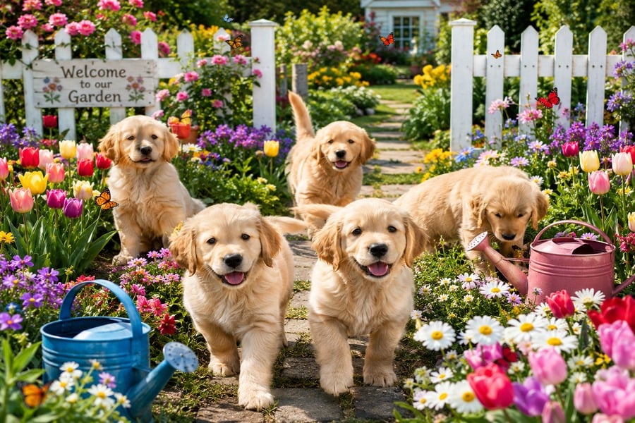 Cachorros de golden retriever en el jardín