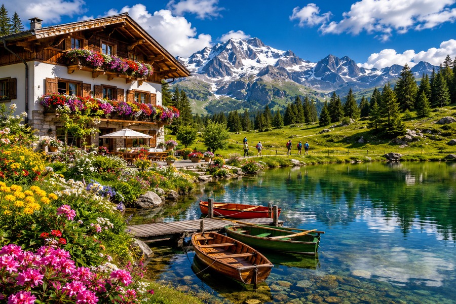 Chalet alpino con lago y barcos.