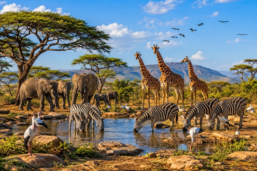 abrevadero de la sabana africana con animales