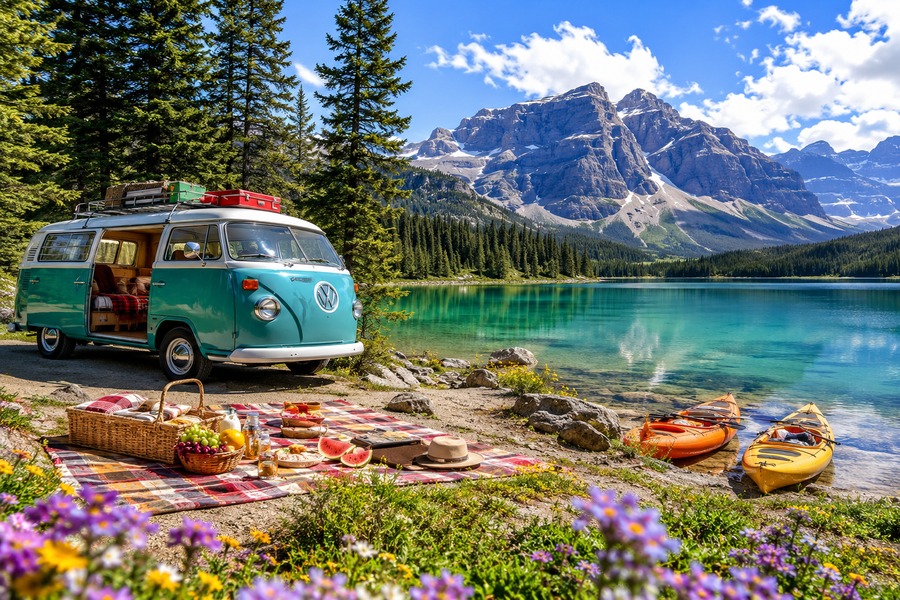 Picnic en furgoneta camper VW en un lago de montaña