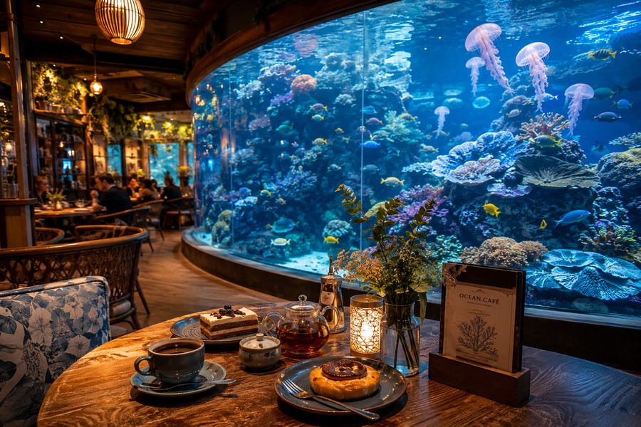 Cafetería con acuario y tanque de medusas