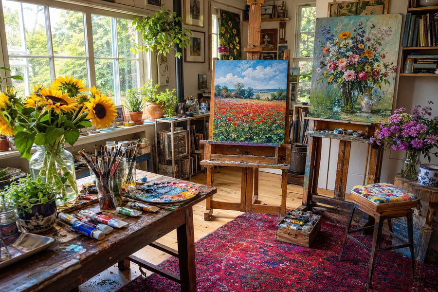 Estudio de pintura de artista con girasoles
