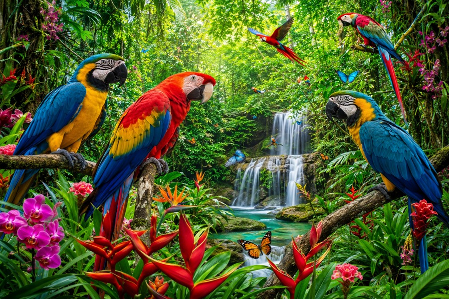 Selva tropical con guacamayos