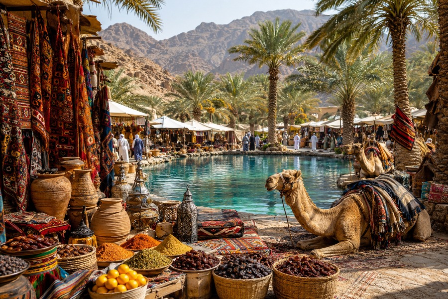 Mercado de un oasis árabe con camellos