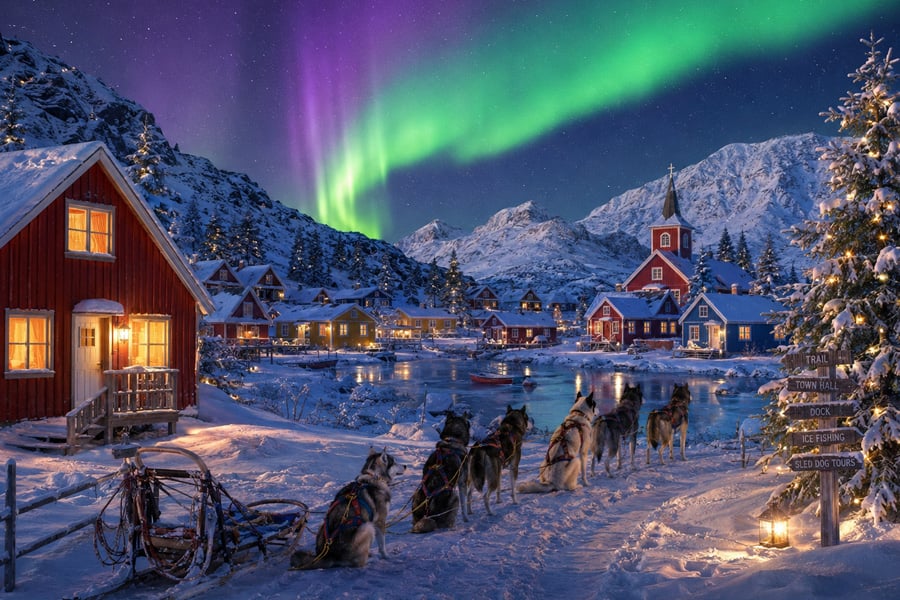 Aldea ártica bajo la aurora boreal