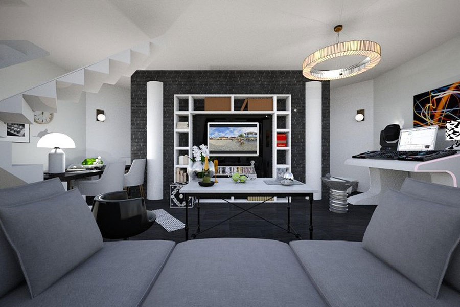 Sala de estar moderna con un diseño llamativo.