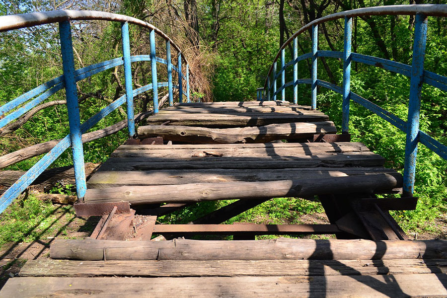 Puente de madera en ruinas en una zona boscosa