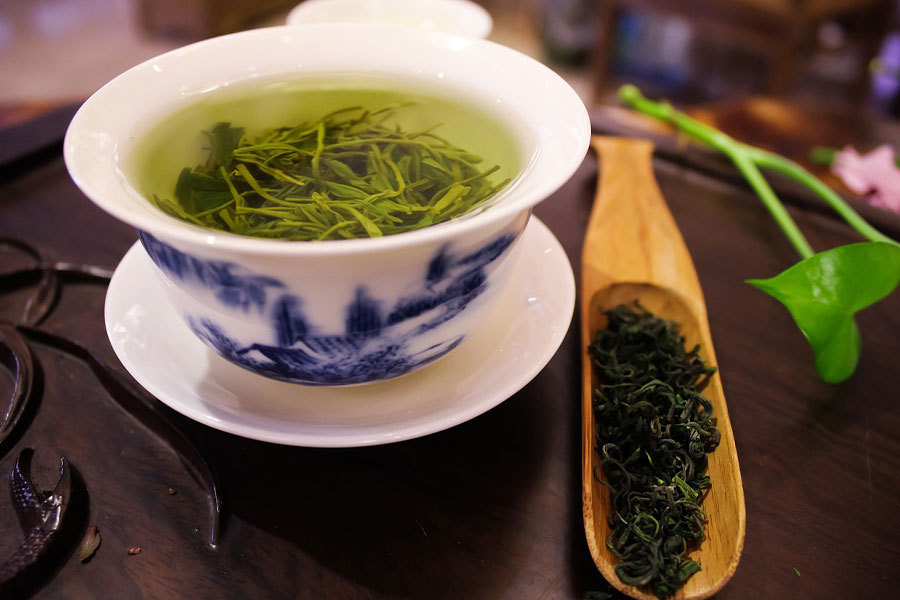 Té verde fresco de hojas y brotes.