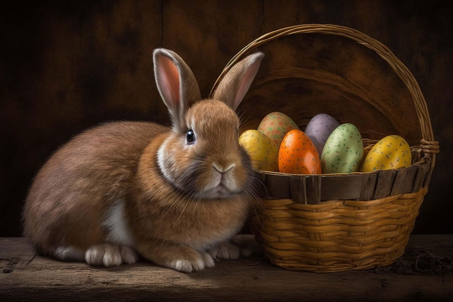 Conejo de Pascua junto a una cesta llena de huevos de Pascua de colores.