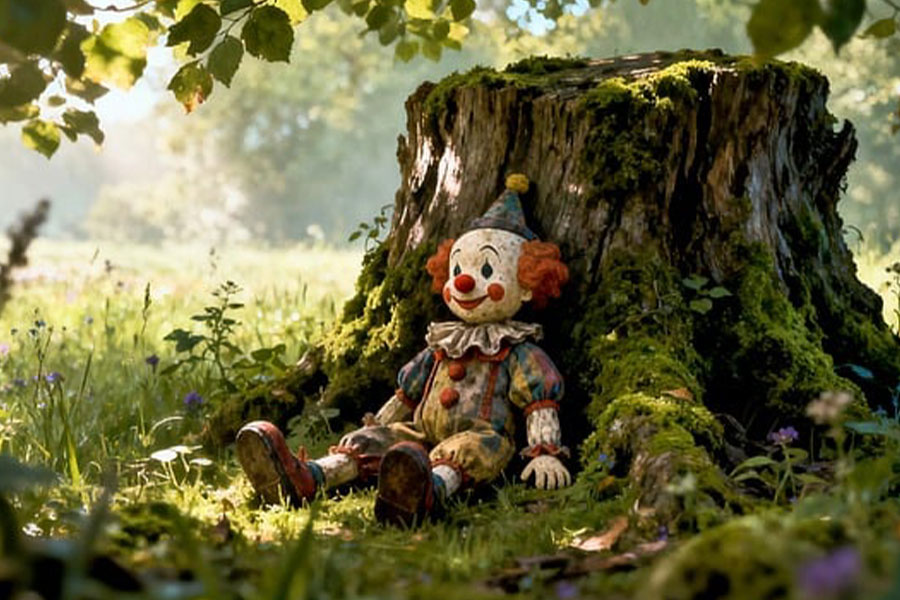 Muñeco payaso sentado afuera