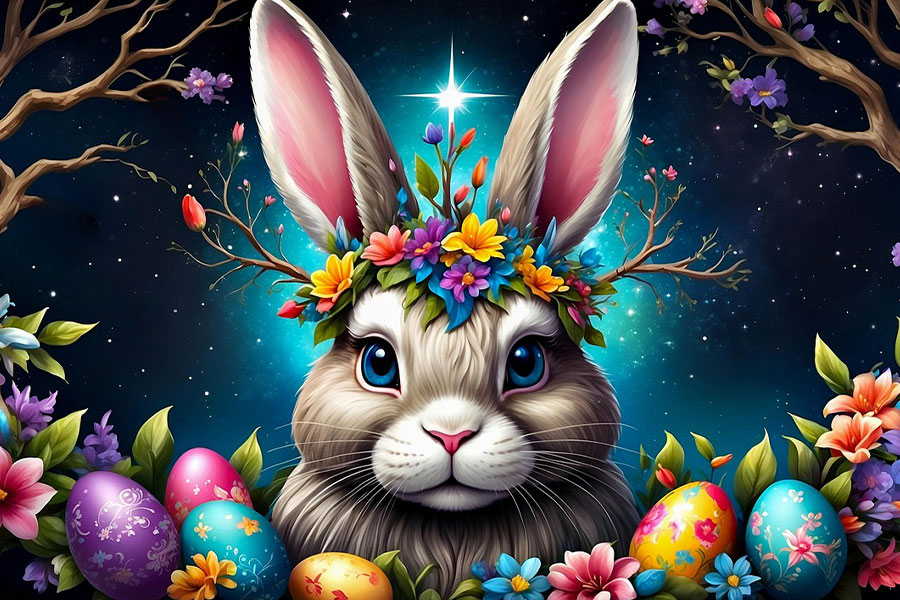 Conejo colorido con huevos de Pascua coloridos