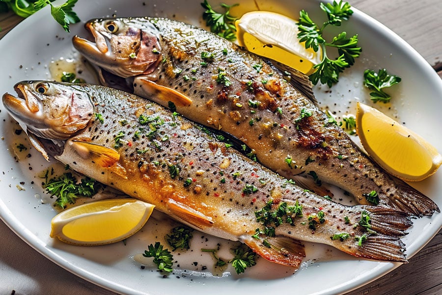 Two baked brown trout