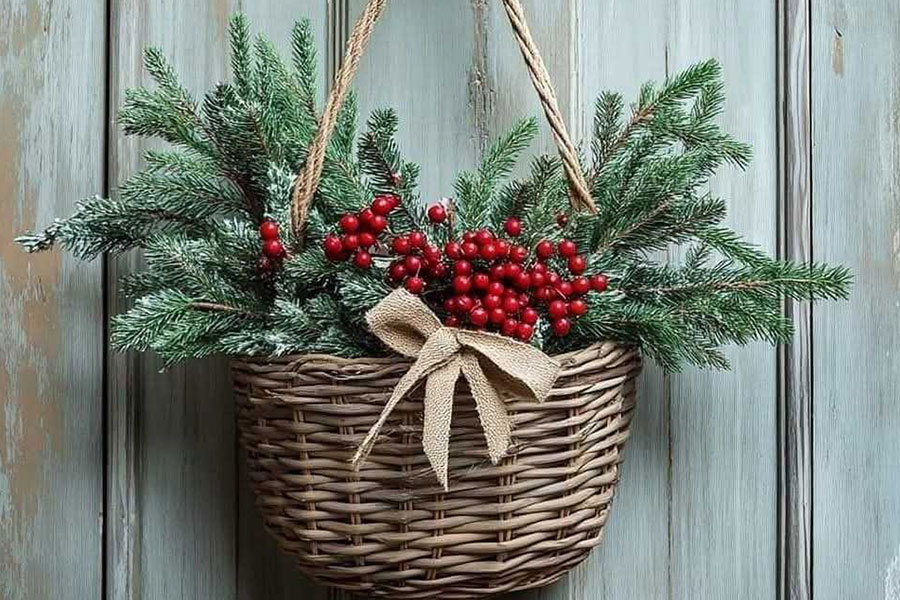 Decorative woven basket hanging on a door