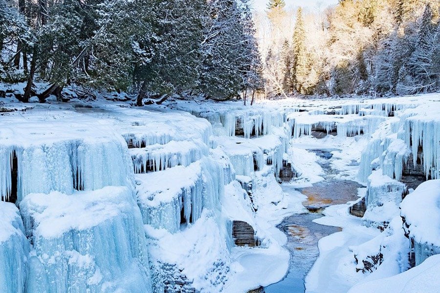 Landscape lake covered snow