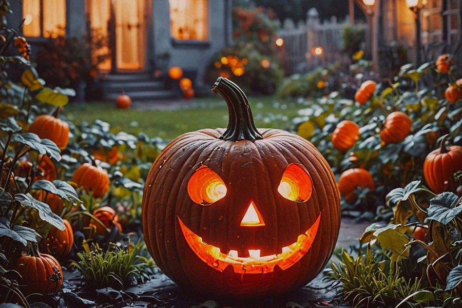 Carved pumpkin in the garden