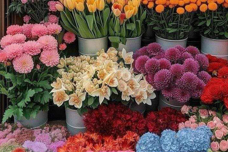 Diversi tipi di bellissimi fiori in vendita