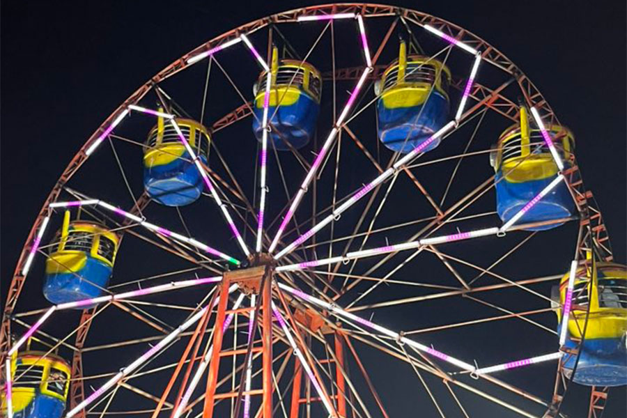 A ferris wheel illuminated in the dark