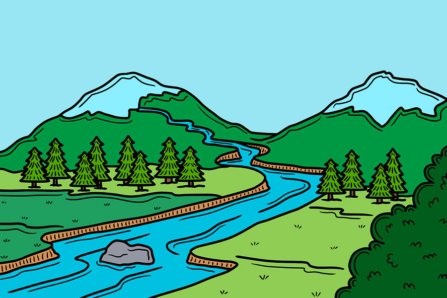 Mountains river trees illustration art