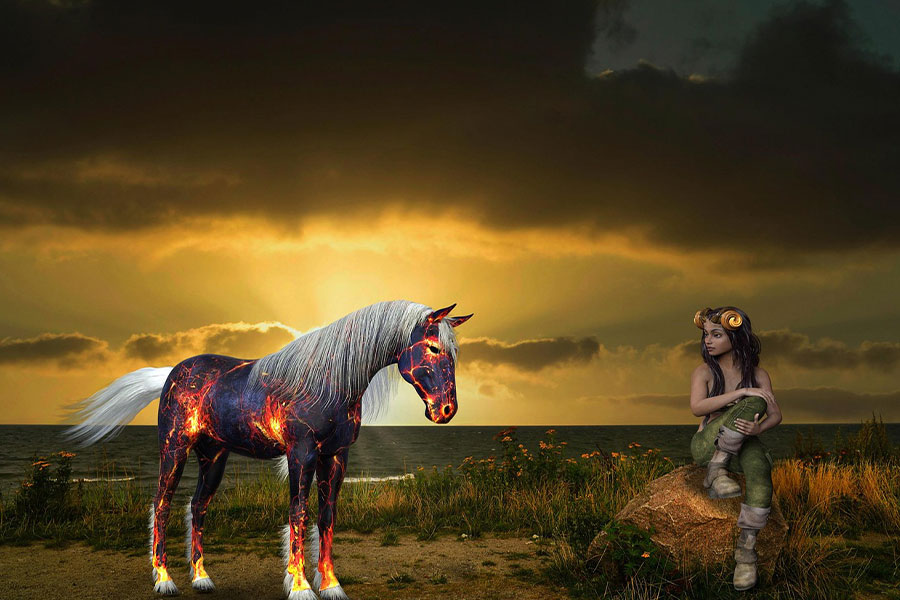 Fire horse and woman with horns