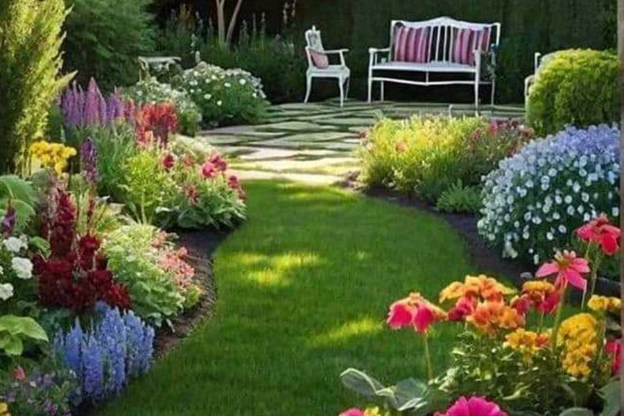 Green path between flowers