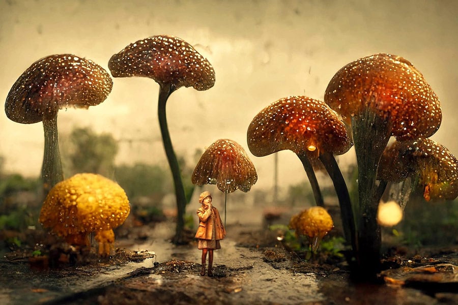 Small girl fantasy with huge big mushroom