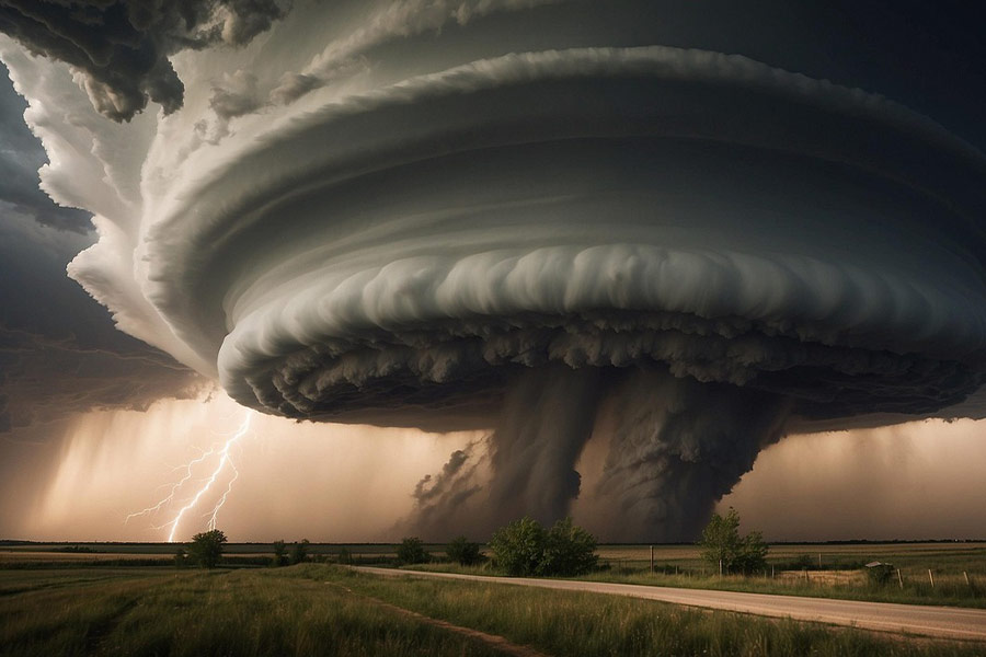 Two huge scary tornados lightning