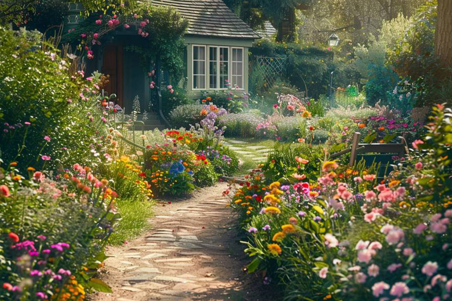 A charming cottage garden with winding paths a variety