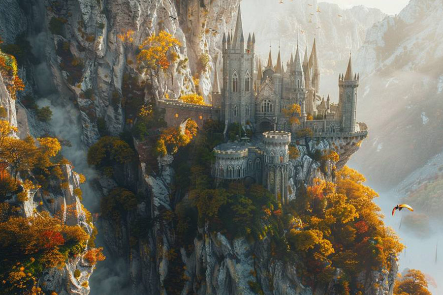 Towering castle built into the side of a mountain