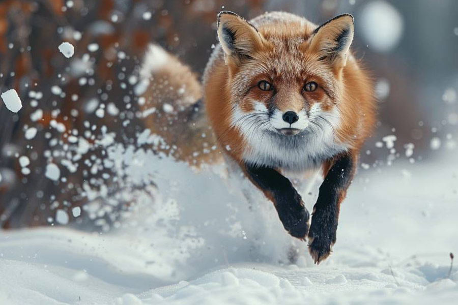 Rode vos springt door een sneeuwlandschap