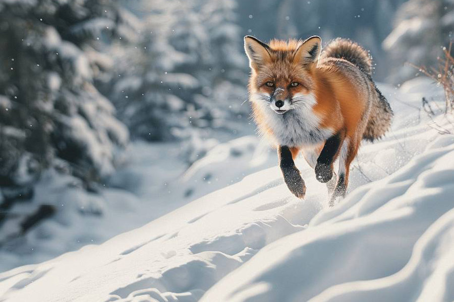 Rotfuchs springt durch den Schnee