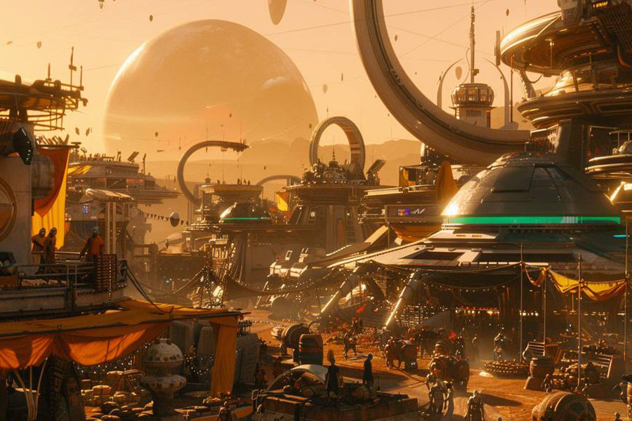 A bustling spaceport on a distant planet