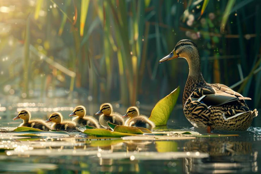 Mamá pato guiando a sus patitos