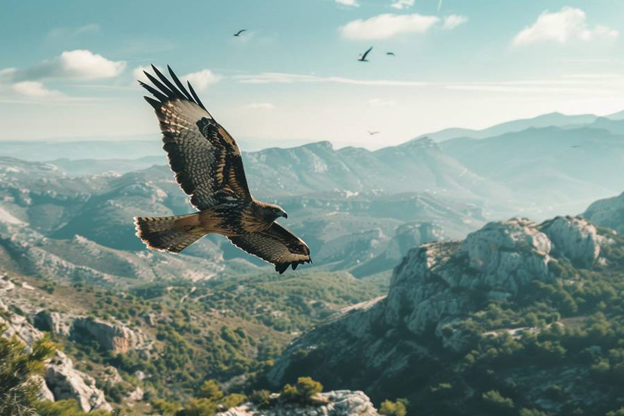 Falke fliegt hoch über dem Berg